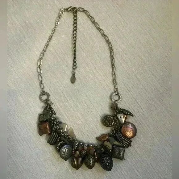 Charm necklace with multi earth semi precious stones and beads bronze tone - Picture 1 of 6